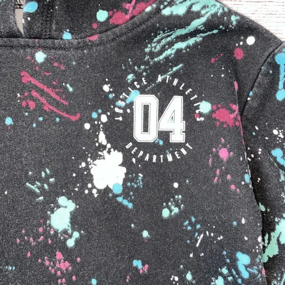 Justice active paint splatter hoodie w/bottom hem drawstring youth girls sz 6